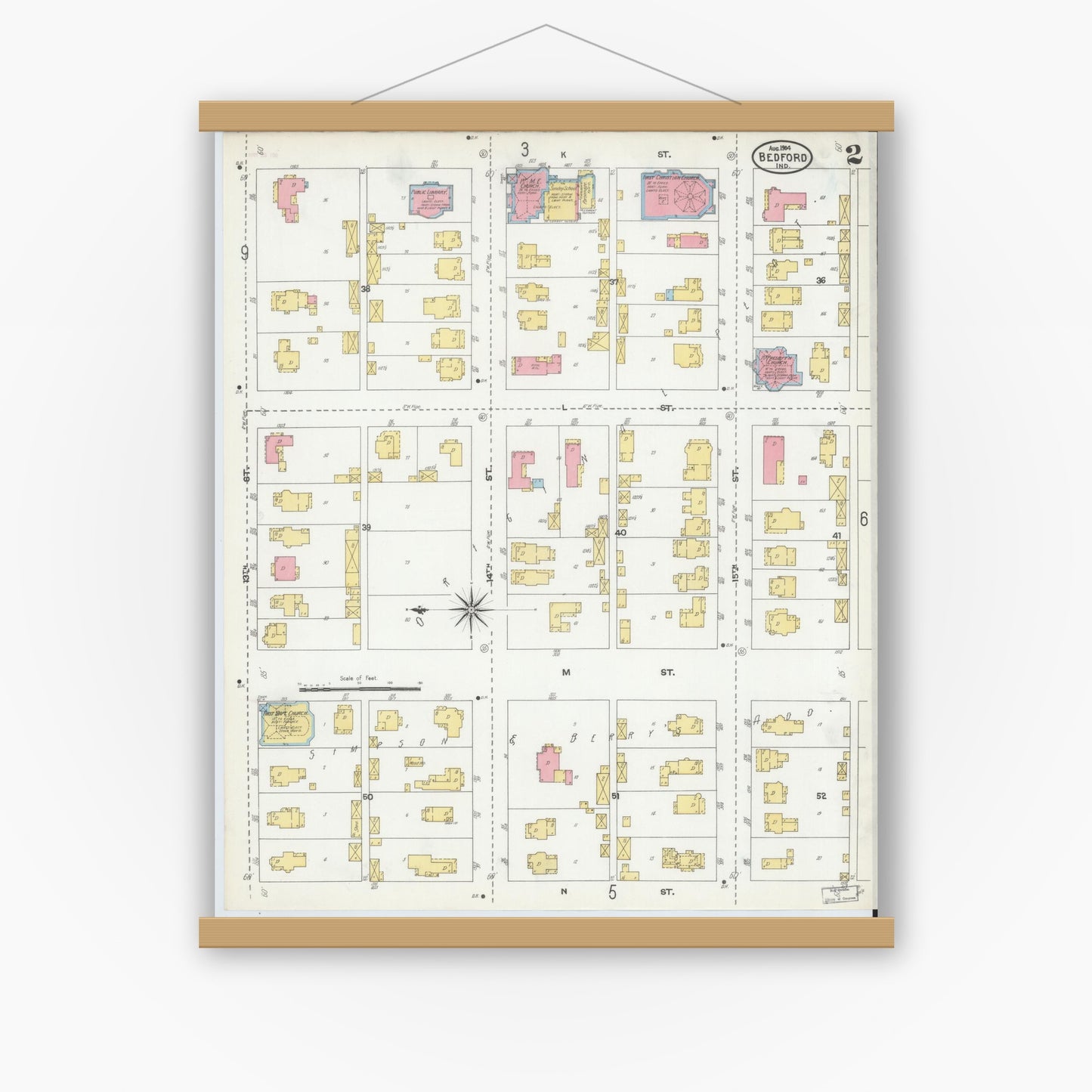 Old map wall art mockup — magnetic wood frame on white wall — Sanborn Fire Insurance Map from Bedford, Lawrence County, Indiana (1904), Sheet #0002