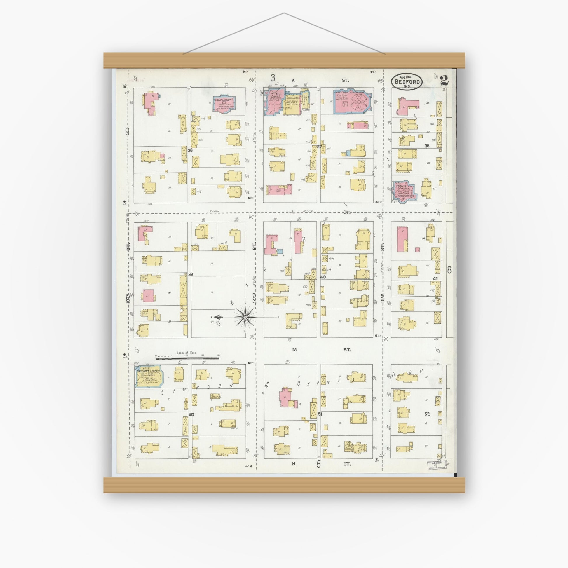 Old map wall art mockup — magnetic wood frame on white wall — Sanborn Fire Insurance Map from Bedford, Lawrence County, Indiana (1904), Sheet #0002
