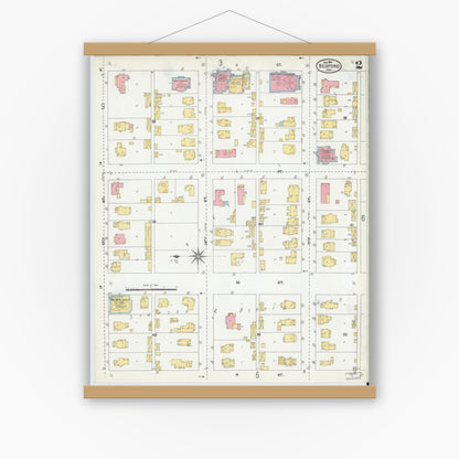 Old map wall art mockup — magnetic wood frame on white wall — Sanborn Fire Insurance Map from Bedford, Lawrence County, Indiana (1904), Sheet #0002