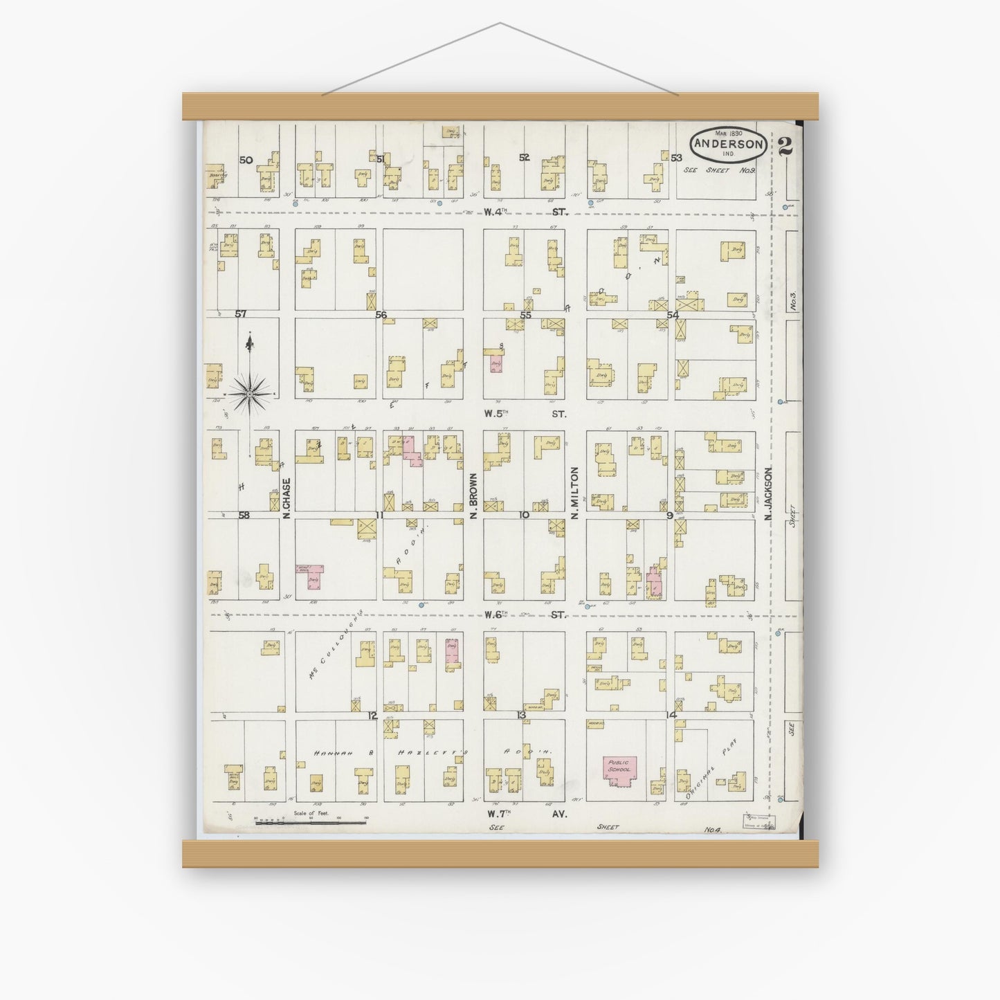 Old map wall art mockup — magnetic wood frame on white wall — Sanborn Fire Insurance Map from Anderson, Madison County, Indiana (1890), Sheet #0002