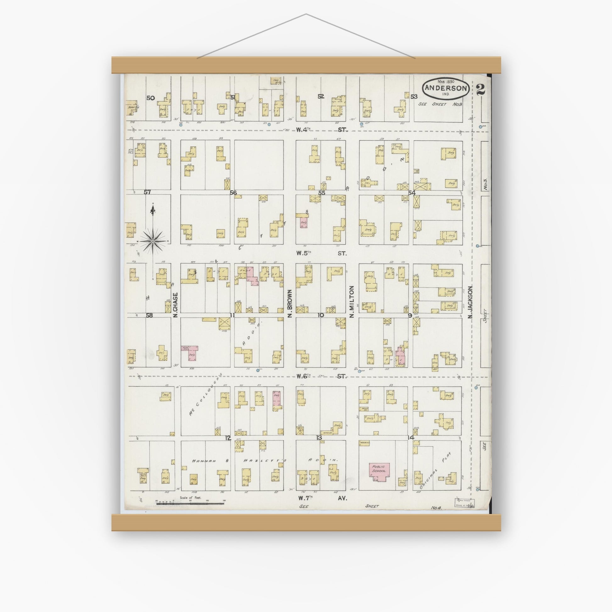 Old map wall art mockup — magnetic wood frame on white wall — Sanborn Fire Insurance Map from Anderson, Madison County, Indiana (1890), Sheet #0002