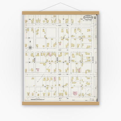 Old map wall art mockup — magnetic wood frame on white wall — Sanborn Fire Insurance Map from Anderson, Madison County, Indiana (1890), Sheet #0002