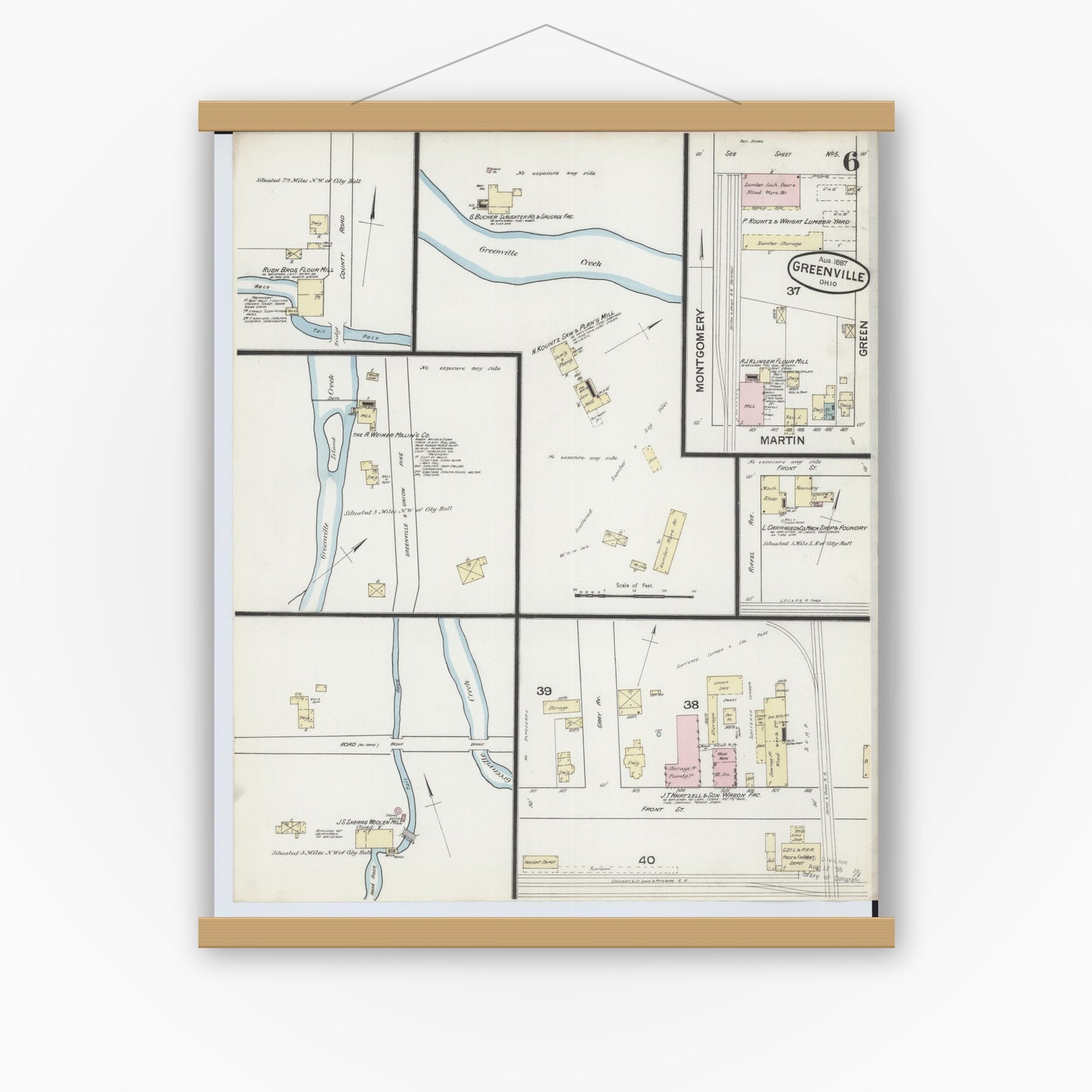 Old map wall art mockup — magnetic wood frame on white wall — Sanborn Fire Insurance Map from Greenville, Darke County, Ohio (1887), Sheet #0006