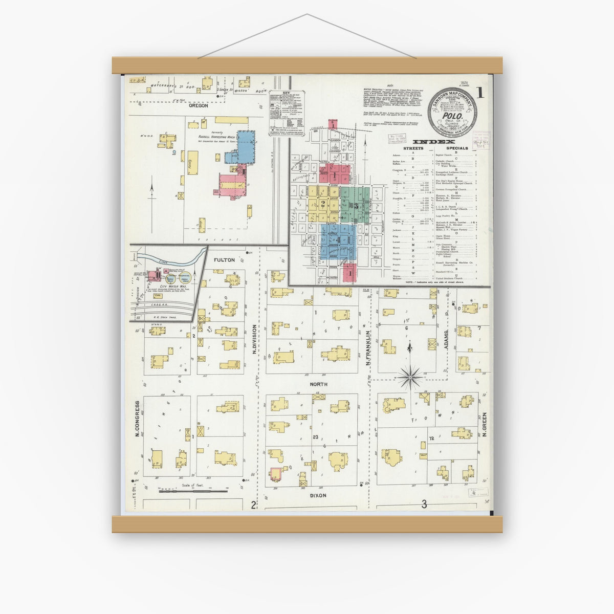 Old map wall art mockup — magnetic wood frame on white wall — Sanborn Fire Insurance Map from Polo, Ogle County, Illinois (1905), Sheet #0001