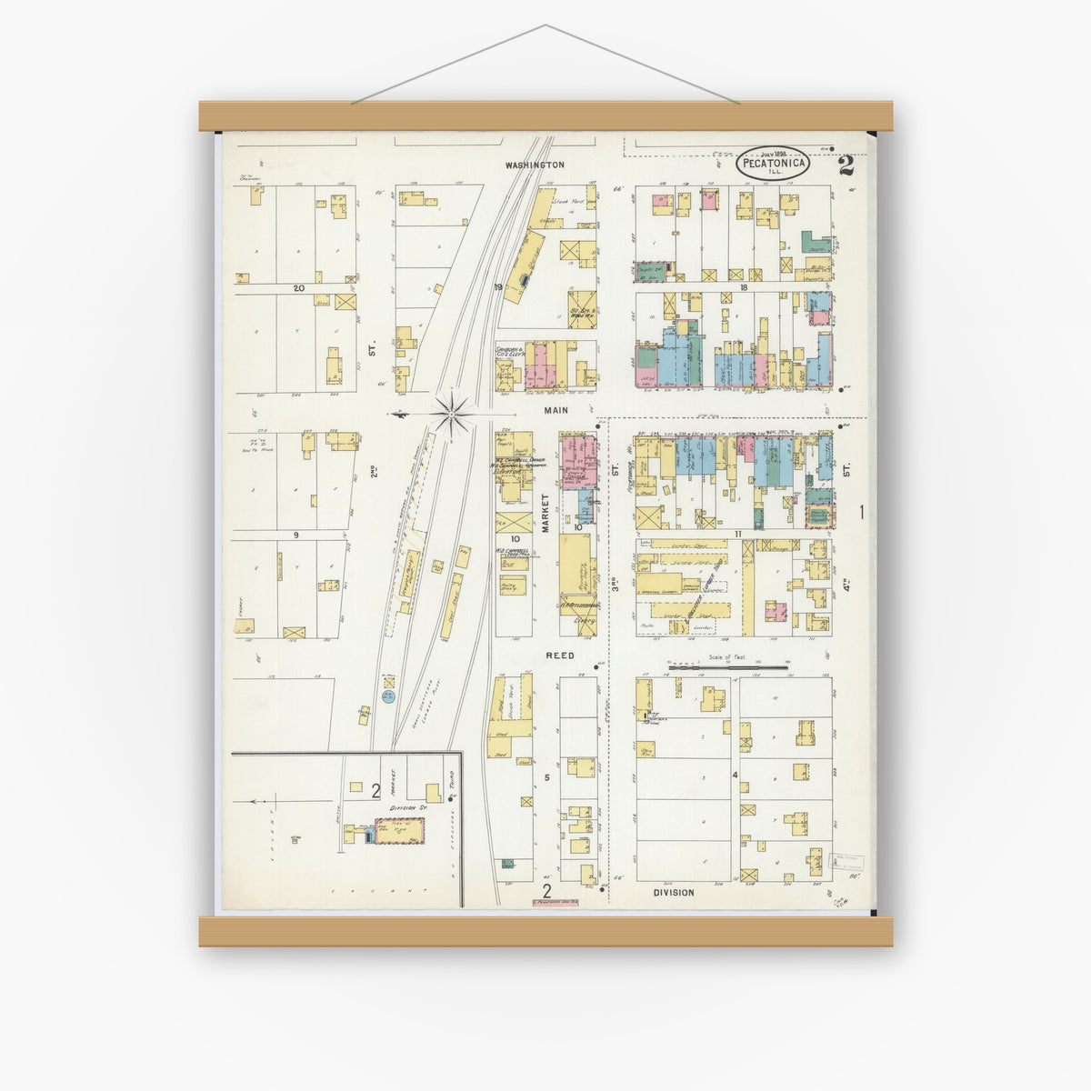 Old map wall art mockup — magnetic wood frame on white wall — Sanborn Fire Insurance Map from Pecatonica, Winnebago County, Illinois (1898), Sheet #0002