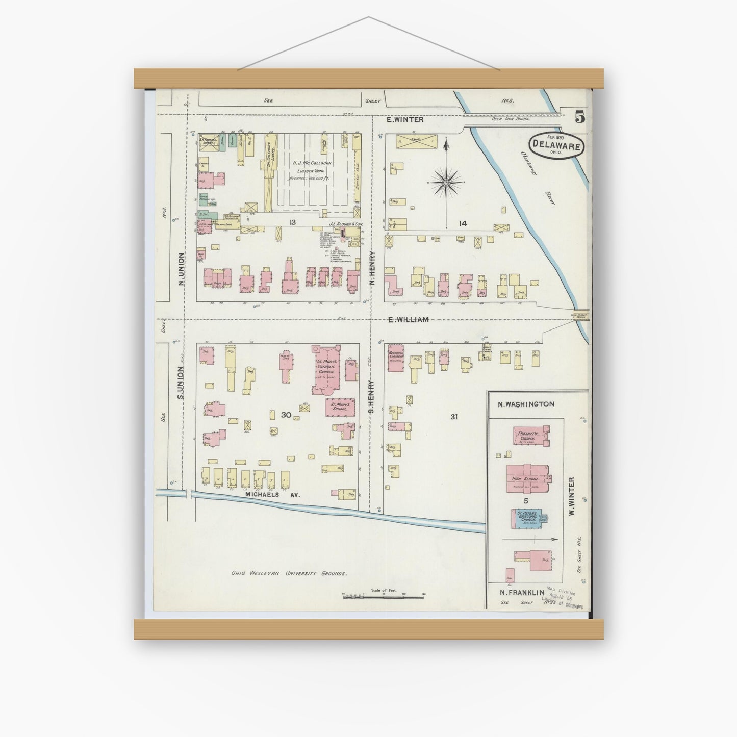 Old map wall art mockup — magnetic wood frame on white wall — Sanborn Fire Insurance Map from Delaware, Delaware County, Ohio (1890), Sheet #0005
