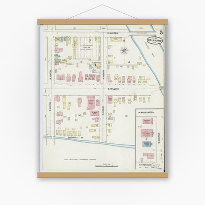 Old map wall art mockup — magnetic wood frame on white wall — Sanborn Fire Insurance Map from Delaware, Delaware County, Ohio (1890), Sheet #0005
