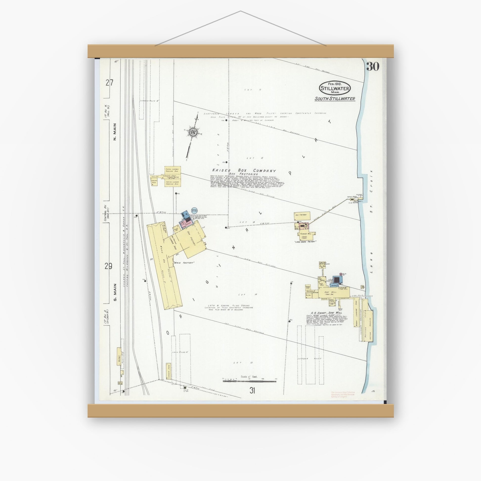 Old map wall art mockup — magnetic wood frame on white wall — Sanborn Fire Insurance Map from Stillwater, Washington County, Minnesota (1910), Sheet #0030