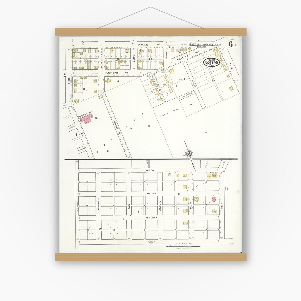 Old map wall art mockup — magnetic wood frame on white wall — Sanborn Fire Insurance Map from Rogers, Bell County, Texas (1921), Sheet #0006