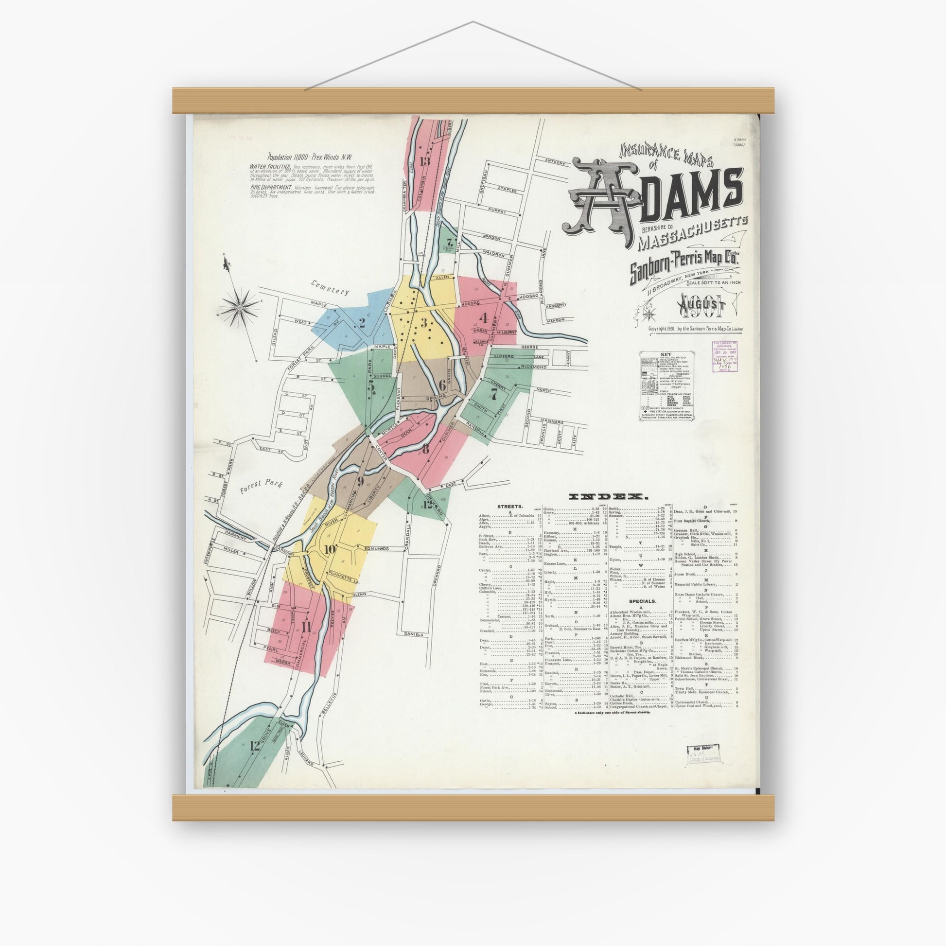 Old map wall art mockup — magnetic wood frame on white wall — Sanborn Fire Insurance Map from Adams, Berkshire County, Massachusetts (1901), Sheet #0001