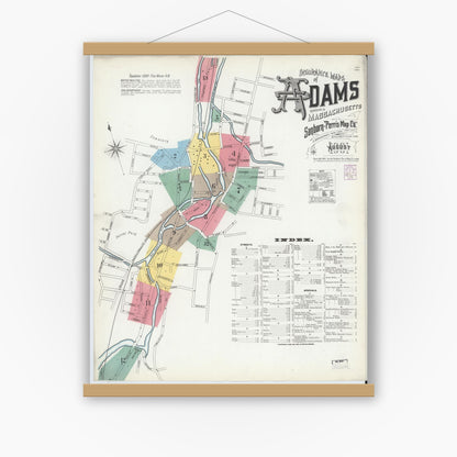 Old map wall art mockup — magnetic wood frame on white wall — Sanborn Fire Insurance Map from Adams, Berkshire County, Massachusetts (1901), Sheet #0001