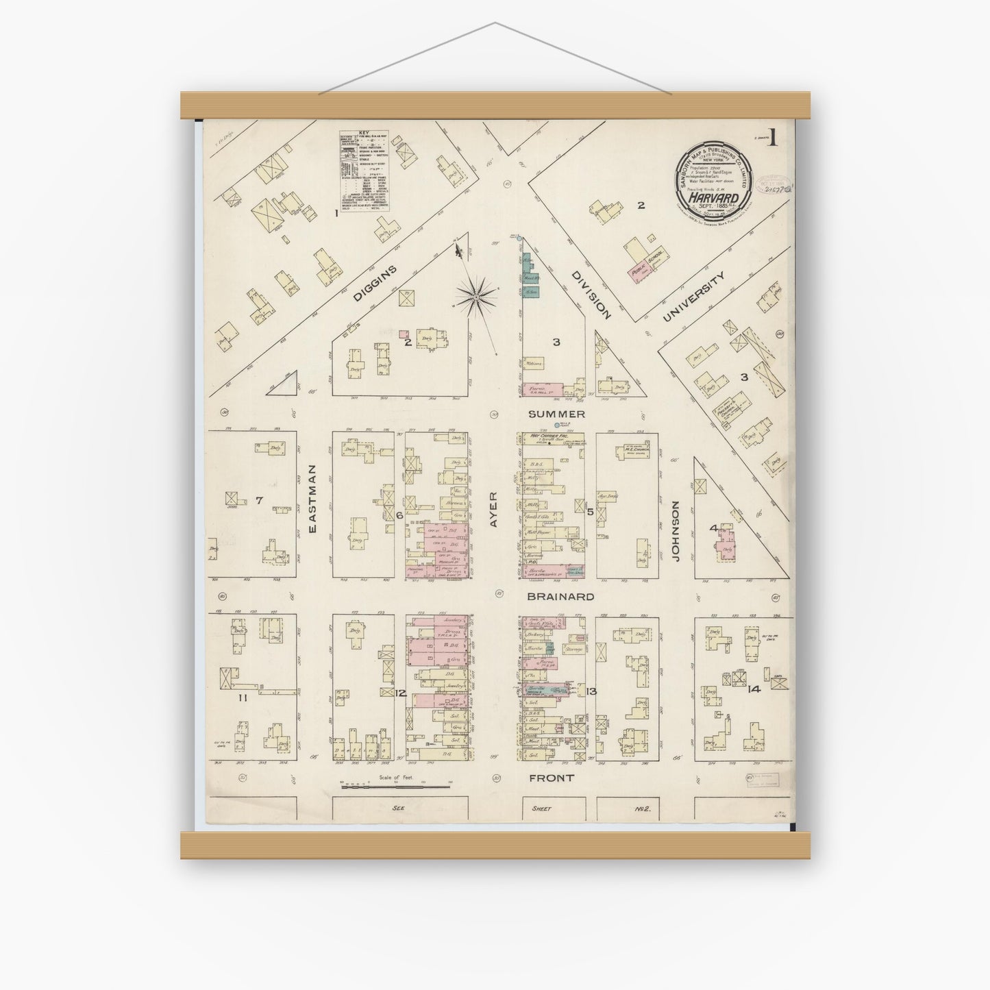 Old map wall art mockup — magnetic wood frame on white wall — Sanborn Fire Insurance Map from Harvard, McHenry County, Illinois (1885), Sheet #0001