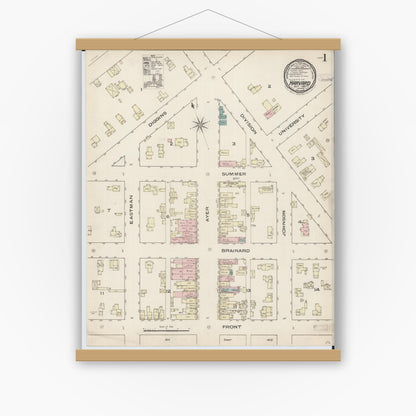 Old map wall art mockup — magnetic wood frame on white wall — Sanborn Fire Insurance Map from Harvard, McHenry County, Illinois (1885), Sheet #0001