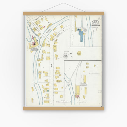 Old map wall art mockup — magnetic wood frame on white wall — Sanborn Fire Insurance Map from Butler, Morris County, New Jersey (1905), Sheet #0006