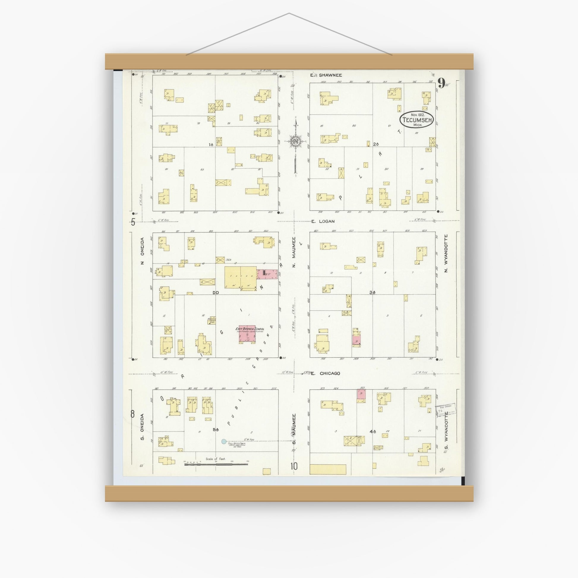 Old map wall art mockup — magnetic wood frame on white wall — Sanborn Fire Insurance Map from Tecumseh, Lenawee County, Michigan (1912), Sheet #0009