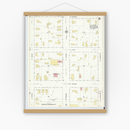 Old map wall art mockup — magnetic wood frame on white wall — Sanborn Fire Insurance Map from Tecumseh, Lenawee County, Michigan (1912), Sheet #0009