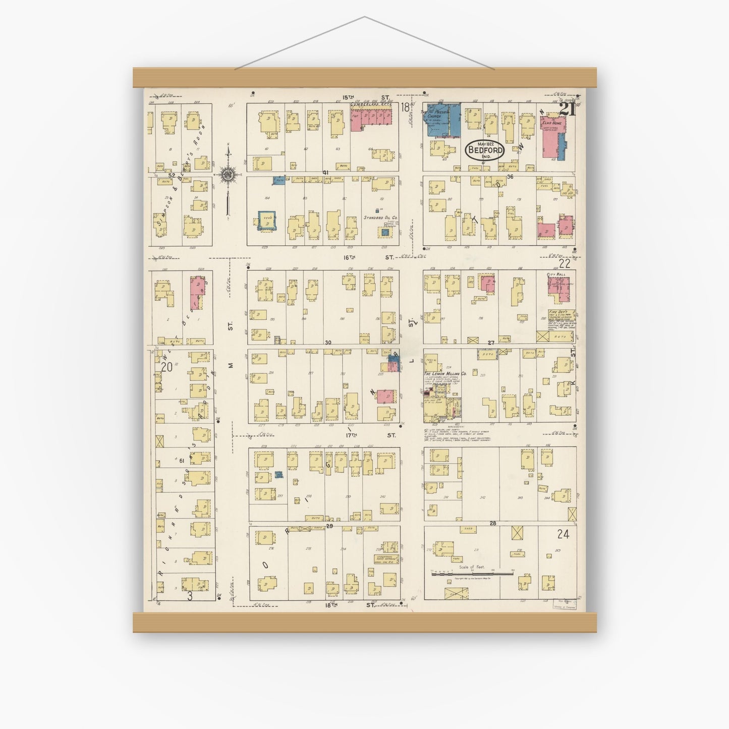 Old map wall art mockup — magnetic wood frame on white wall — Sanborn Fire Insurance Map from Bedford, Lawrence County, Indiana (1922), Sheet #0021