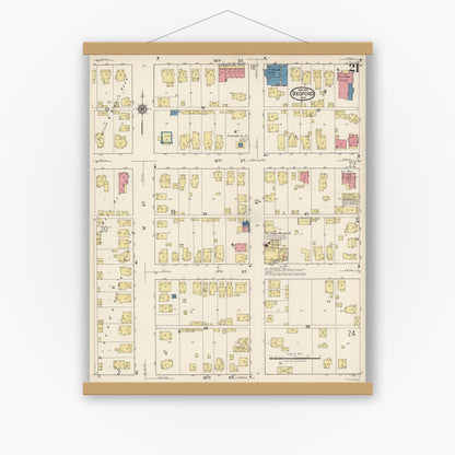 Old map wall art mockup — magnetic wood frame on white wall — Sanborn Fire Insurance Map from Bedford, Lawrence County, Indiana (1922), Sheet #0021