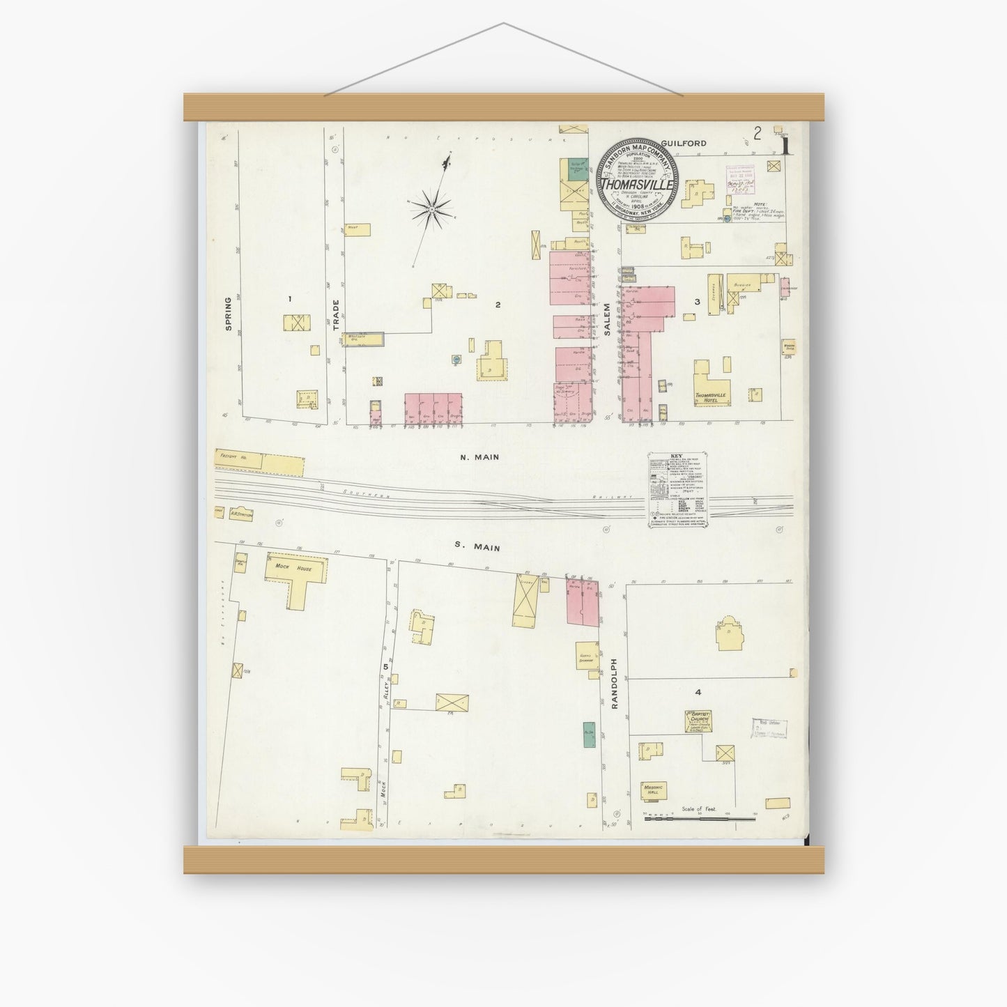 Old map wall art mockup — magnetic wood frame on white wall — Sanborn Fire Insurance Map from Thomasville, Davidson County, North Carolina (1908), Sheet #0001