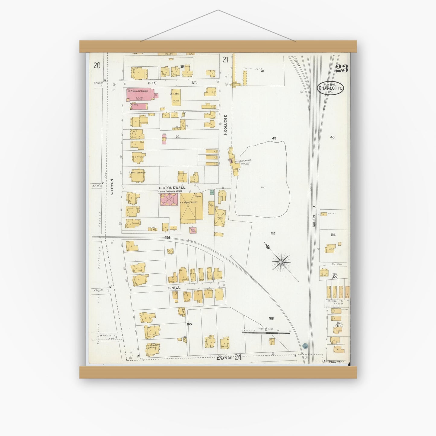 Old map wall art mockup — magnetic wood frame on white wall — Sanborn Fire Insurance Map from Charlotte, Mecklenburg County, North Carolina (1905), Sheet #0023