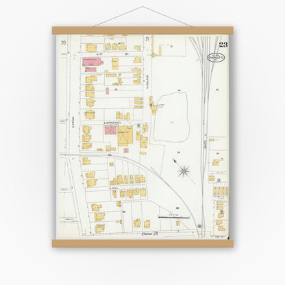 Old map wall art mockup — magnetic wood frame on white wall — Sanborn Fire Insurance Map from Charlotte, Mecklenburg County, North Carolina (1905), Sheet #0023