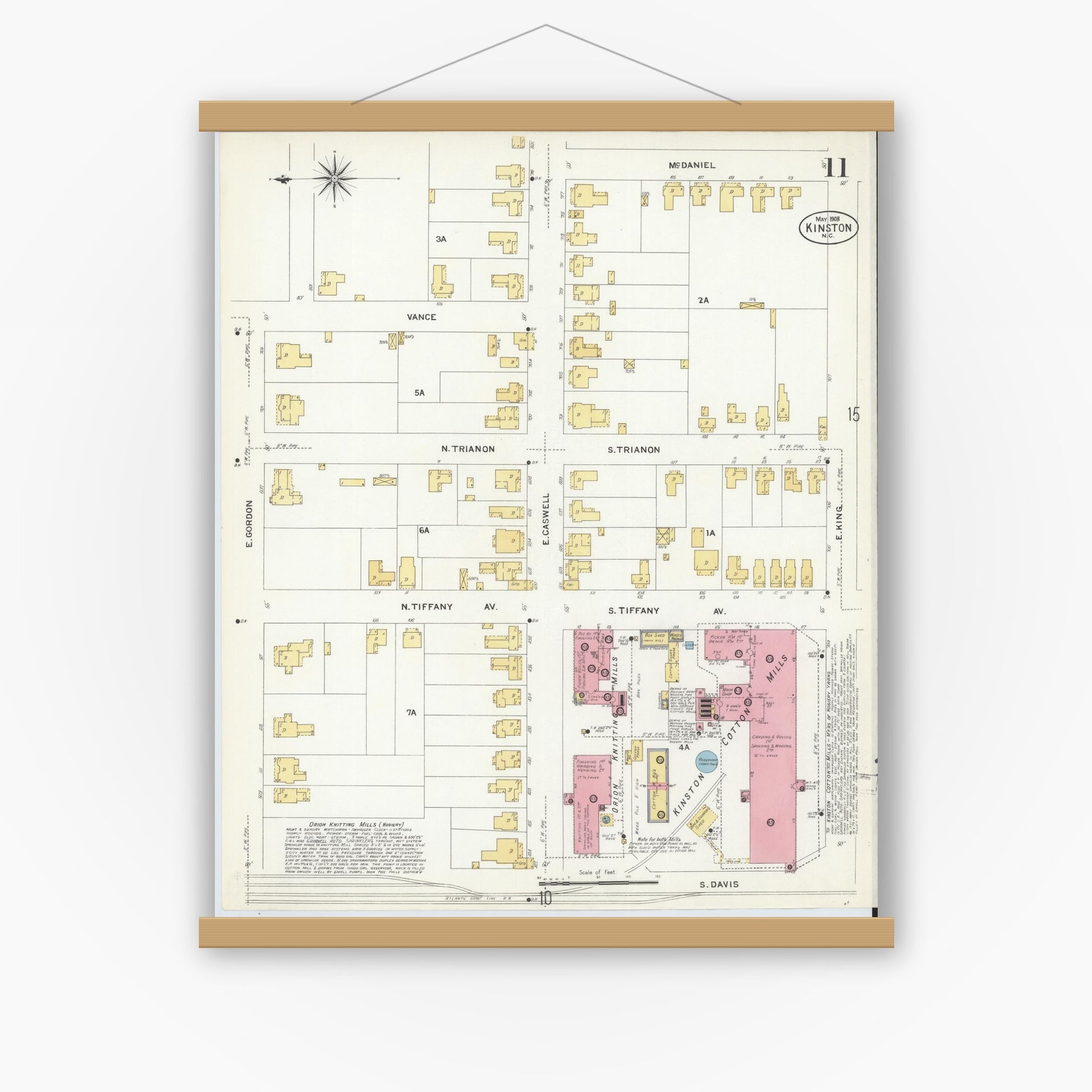 Old map wall art mockup — magnetic wood frame on white wall — Sanborn Fire Insurance Map from Kinston, Lenoir County, North Carolina (1908), Sheet #0011