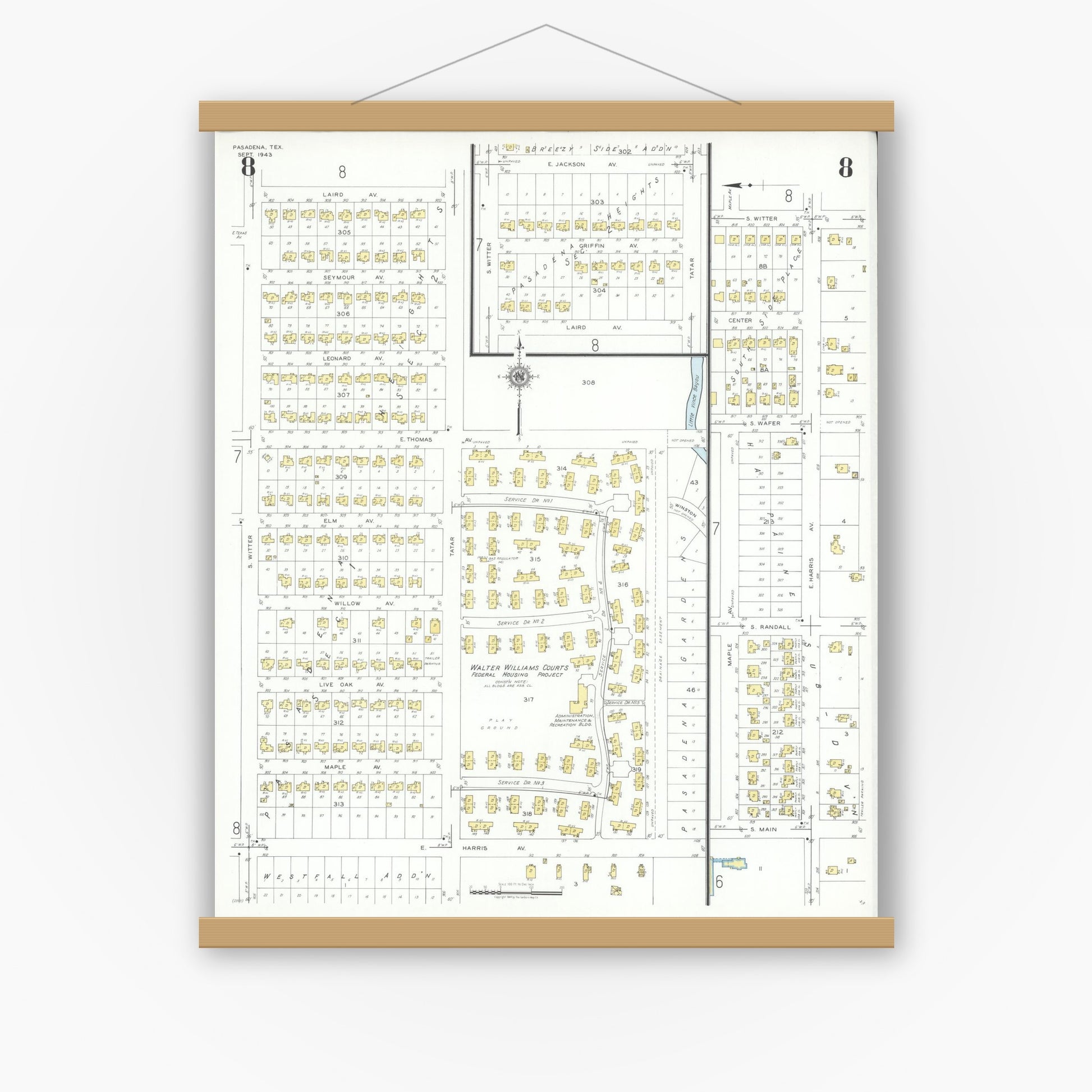 Old map wall art mockup — magnetic wood frame on white wall — Sanborn Fire Insurance Map from Pasadena, Harris County, Texas (1943), Sheet #0008