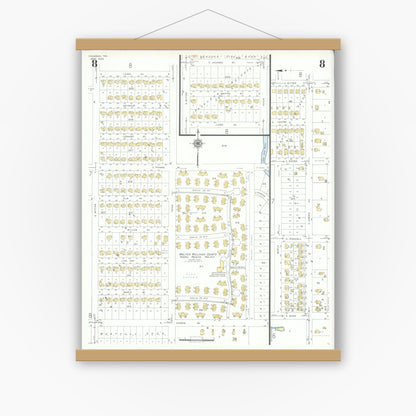 Old map wall art mockup — magnetic wood frame on white wall — Sanborn Fire Insurance Map from Pasadena, Harris County, Texas (1943), Sheet #0008