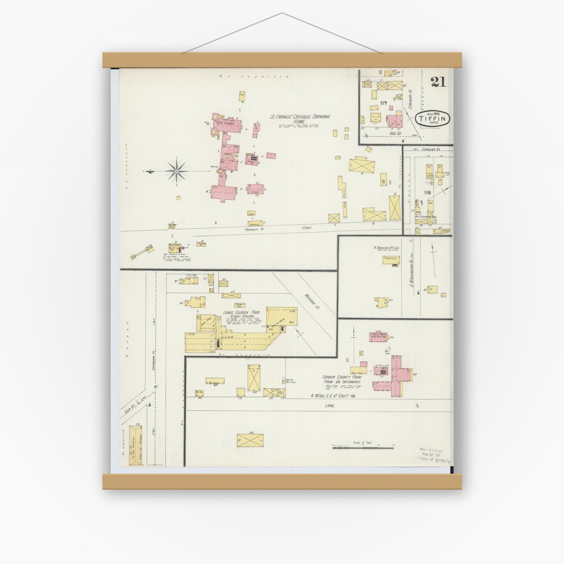 Old map wall art mockup — magnetic wood frame on white wall — Sanborn Fire Insurance Map from Tiffin, Seneca County, Ohio (1896), Sheet #0021