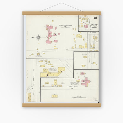 Old map wall art mockup — magnetic wood frame on white wall — Sanborn Fire Insurance Map from Tiffin, Seneca County, Ohio (1896), Sheet #0021