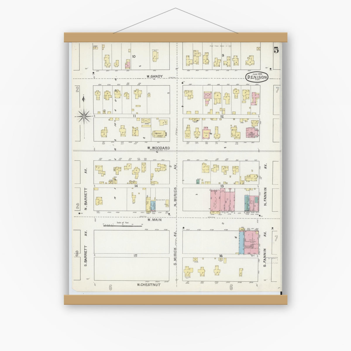 Old map wall art mockup — magnetic wood frame on white wall — Sanborn Fire Insurance Map from Denison, Grayson County, Texas (1892), Sheet #0005