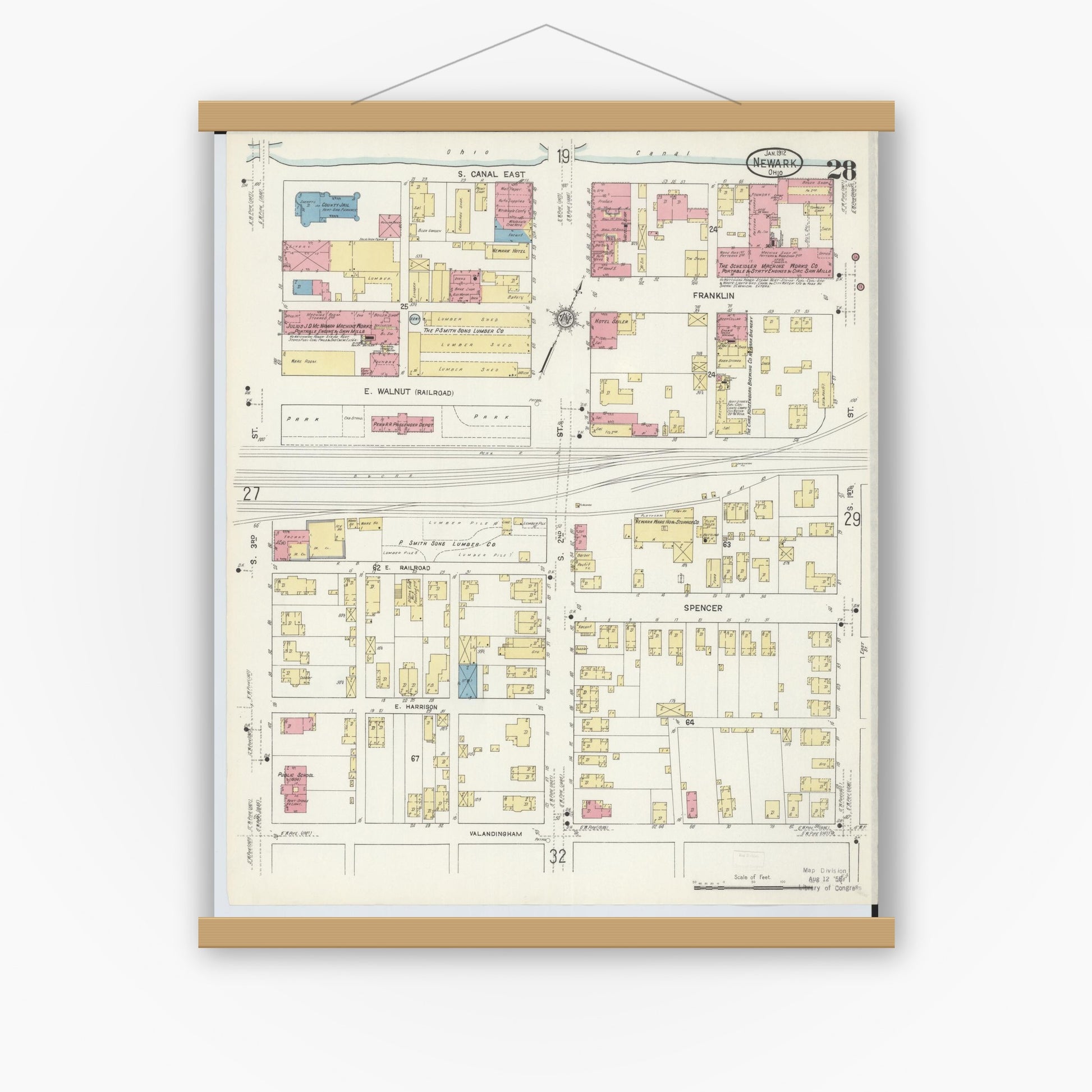 Old map wall art mockup — magnetic wood frame on white wall — Sanborn Fire Insurance Map from Newark, Licking County, Ohio (1912), Sheet #0028