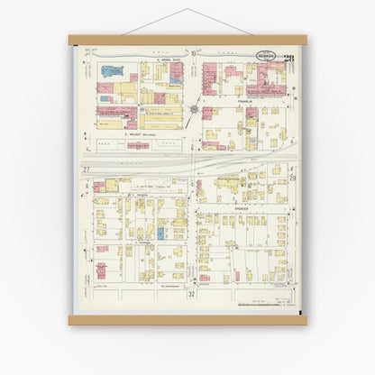 Old map wall art mockup — magnetic wood frame on white wall — Sanborn Fire Insurance Map from Newark, Licking County, Ohio (1912), Sheet #0028