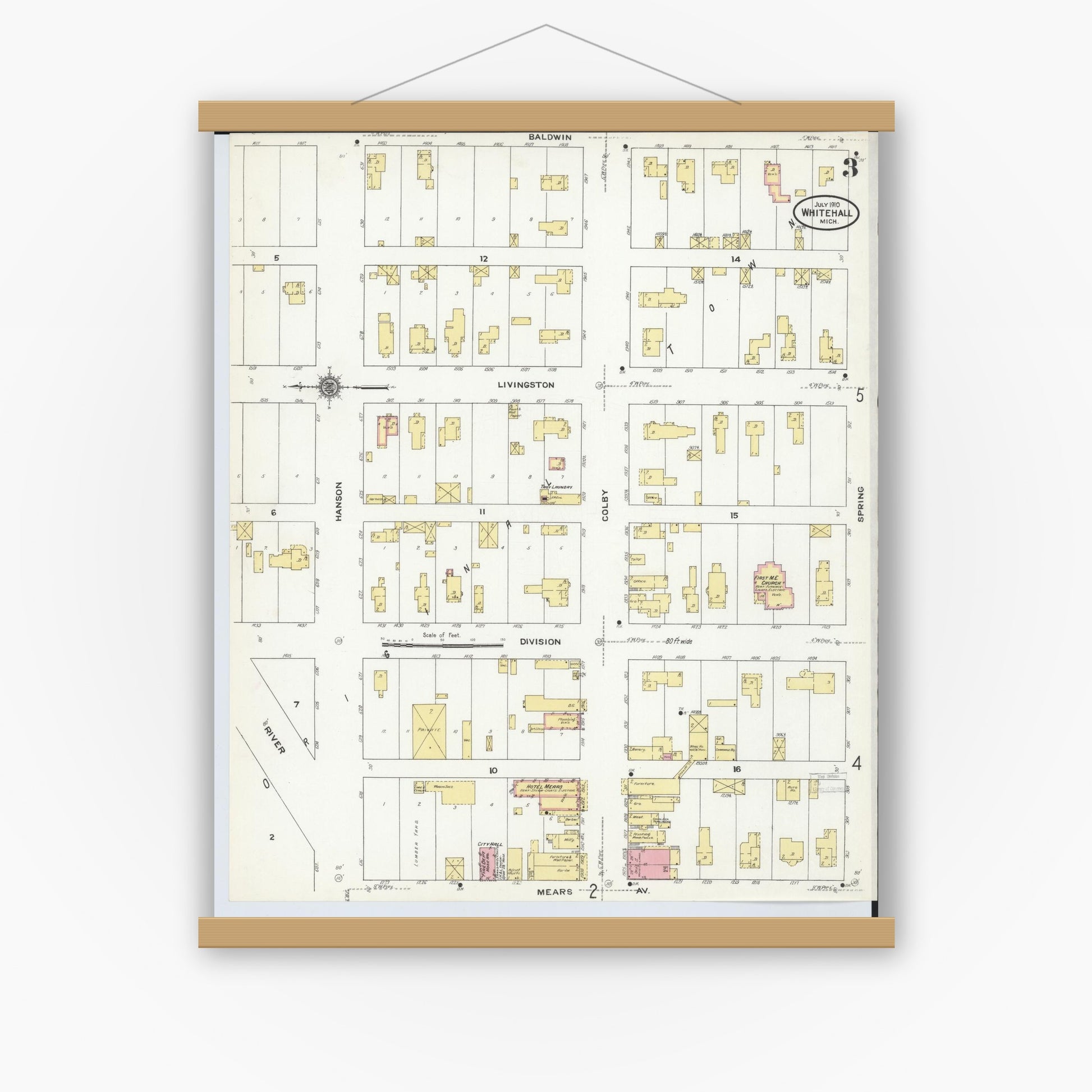 Old map wall art mockup — magnetic wood frame on white wall — Sanborn Fire Insurance Map from Whitehall, Muskegon County, Michigan (1910), Sheet #0003