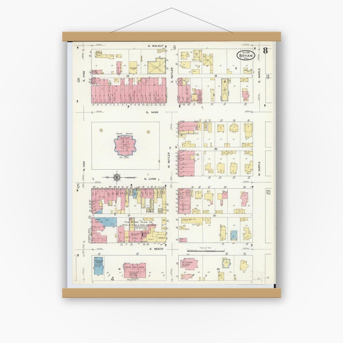 Old map wall art mockup — magnetic wood frame on white wall — Sanborn Fire Insurance Map from Bryan, Williams County, Ohio (1911), Sheet #0008