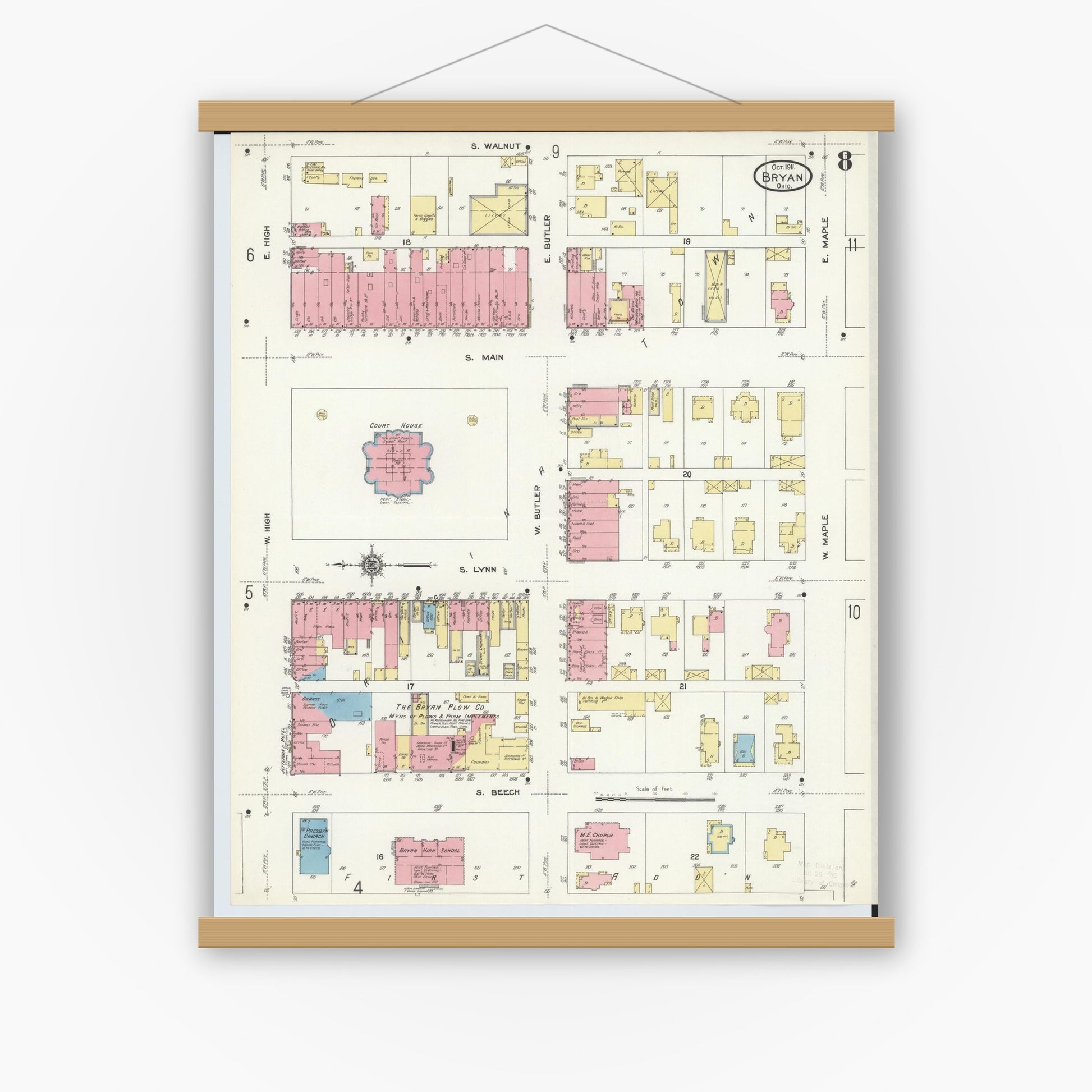 Old map wall art mockup — magnetic wood frame on white wall — Sanborn Fire Insurance Map from Bryan, Williams County, Ohio (1911), Sheet #0008
