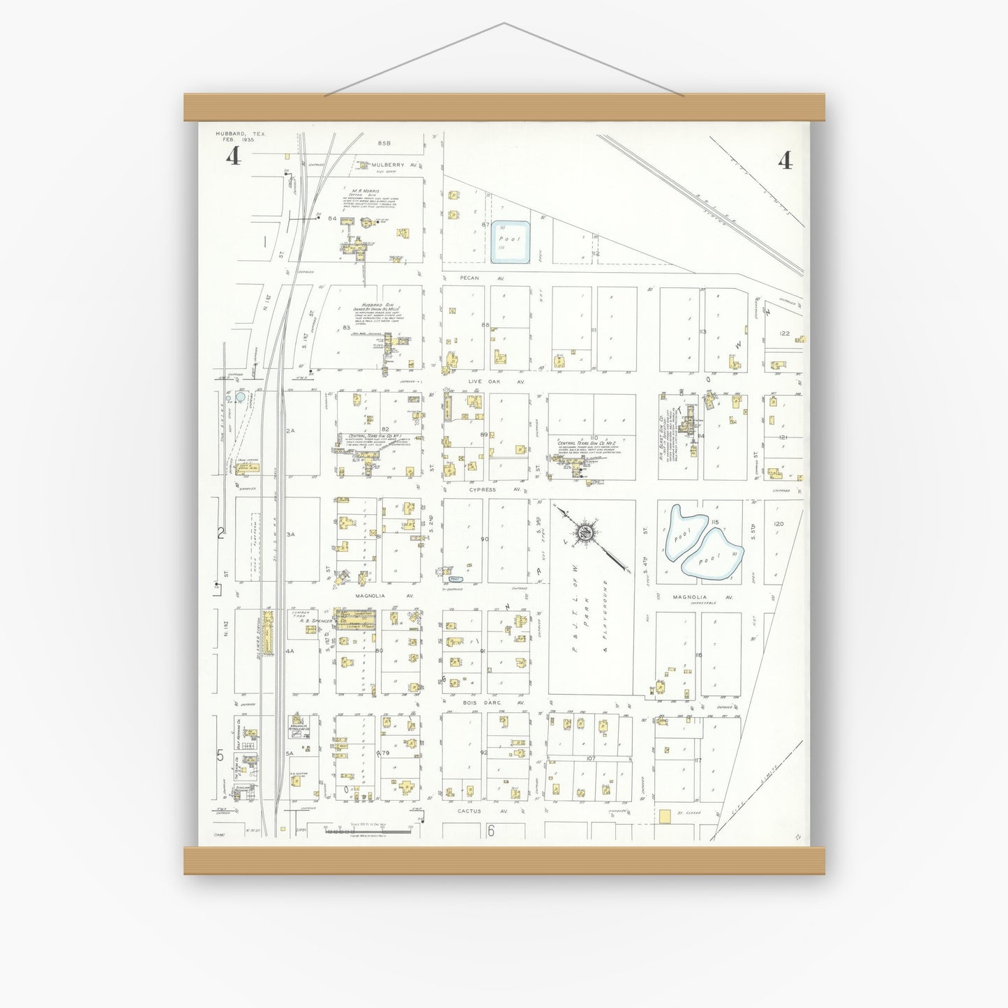 Old map wall art mockup — magnetic wood frame on white wall — Sanborn Fire Insurance Map from Hubbard, Hill County, Texas (1935), Sheet #0004