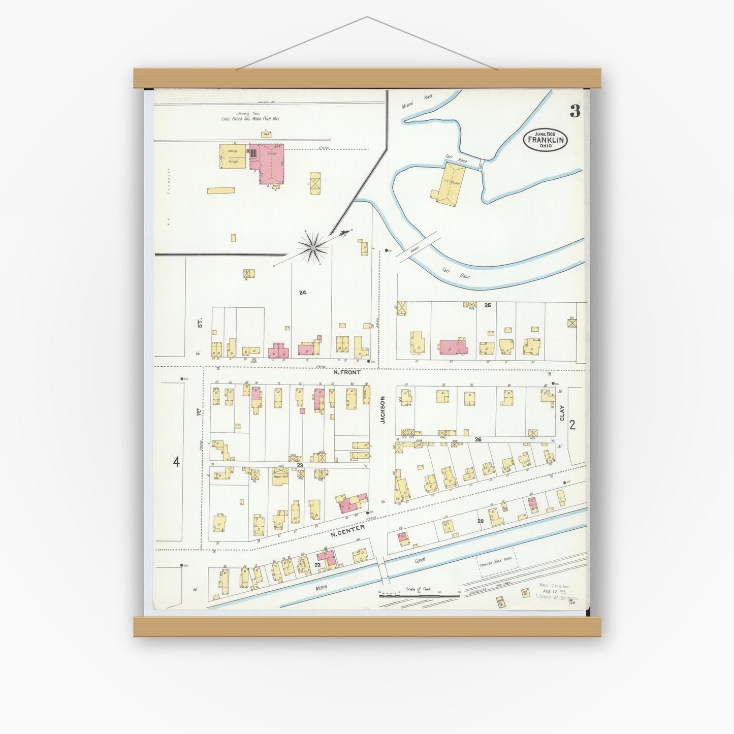Old map wall art mockup — magnetic wood frame on white wall — Sanborn Fire Insurance Map from Franklin, Warren County, Ohio (1905), Sheet #0003