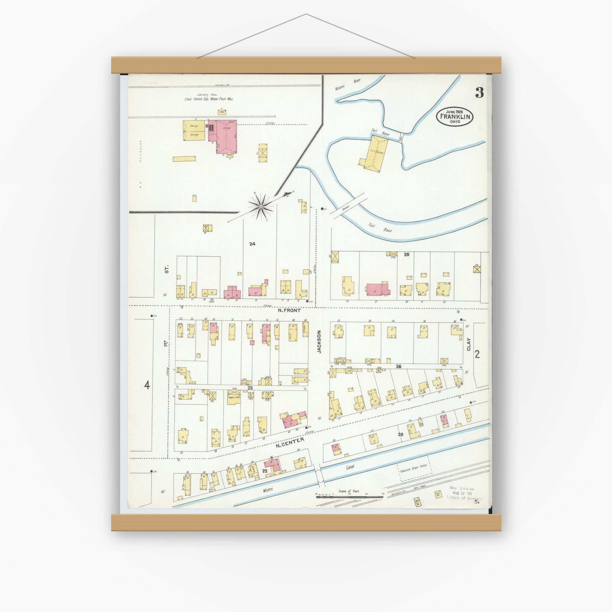 Old map wall art mockup — magnetic wood frame on white wall — Sanborn Fire Insurance Map from Franklin, Warren County, Ohio (1905), Sheet #0003