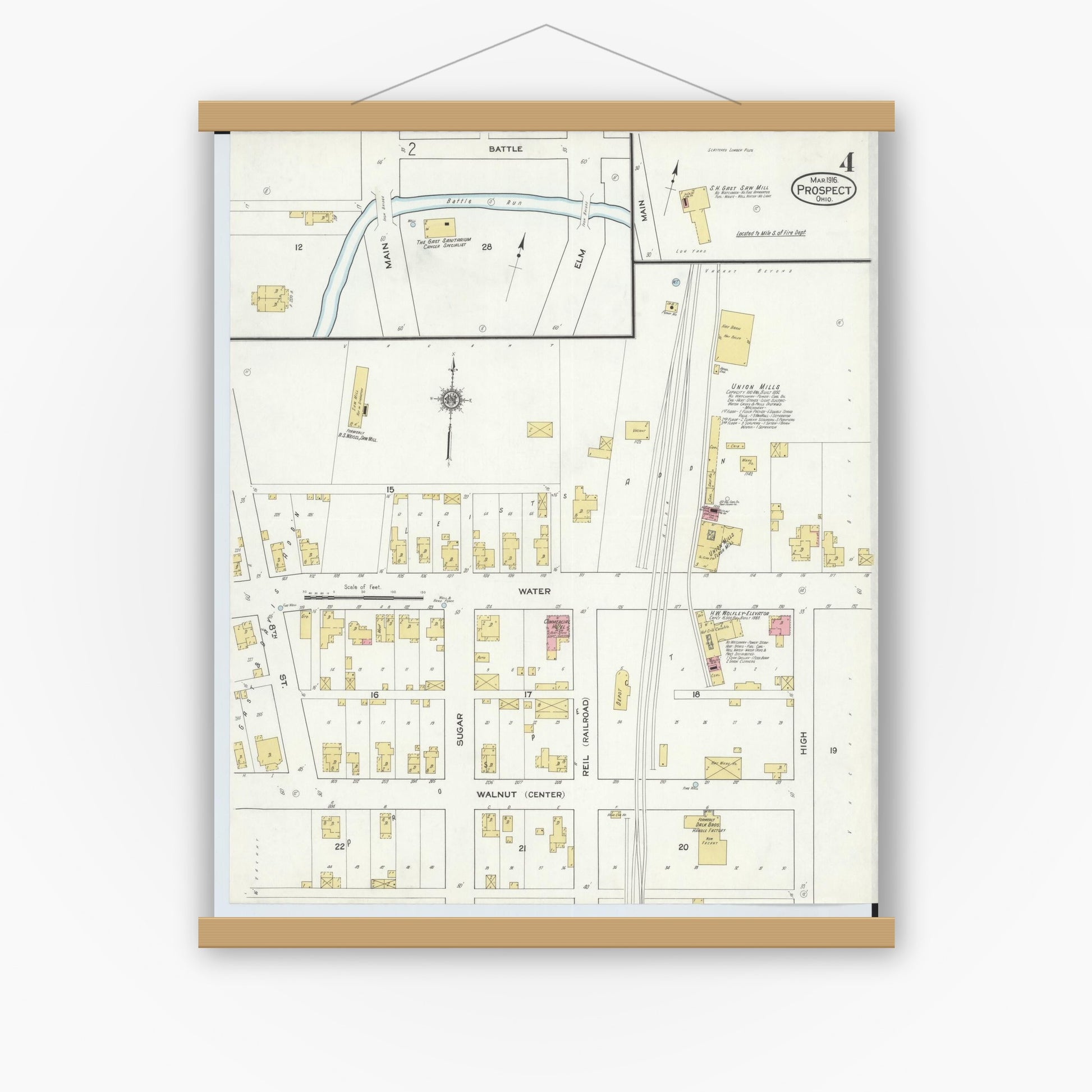 Old map wall art mockup — magnetic wood frame on white wall — Sanborn Fire Insurance Map from Prospect, Marion County, Ohio (1916), Sheet #0004