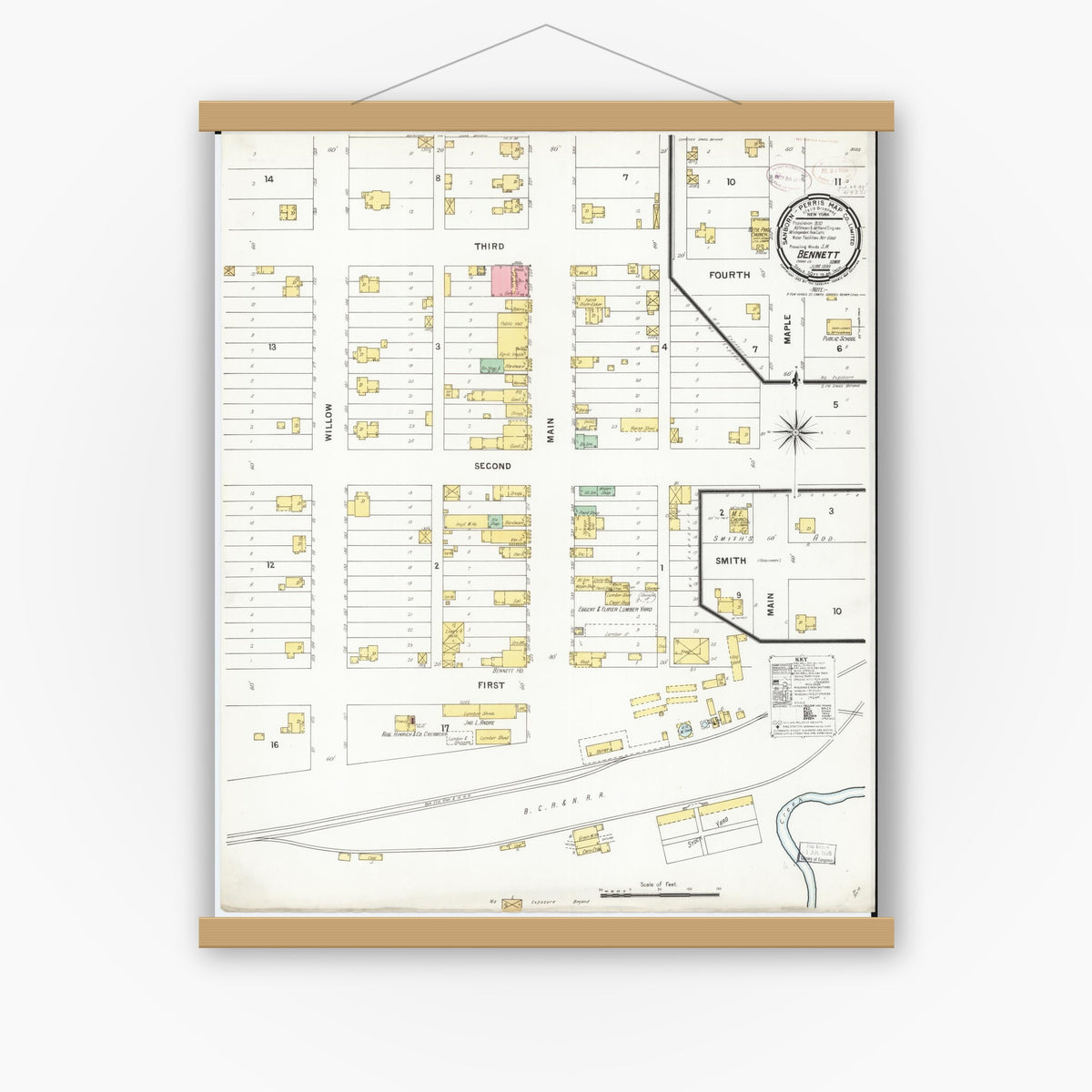 Old map wall art mockup — magnetic wood frame on white wall — Sanborn Fire Insurance Map from Bennett, Cedar County, Iowa (1899), Sheet #0001