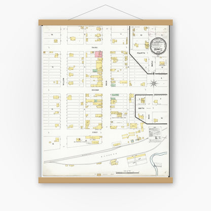 Old map wall art mockup — magnetic wood frame on white wall — Sanborn Fire Insurance Map from Bennett, Cedar County, Iowa (1899), Sheet #0001