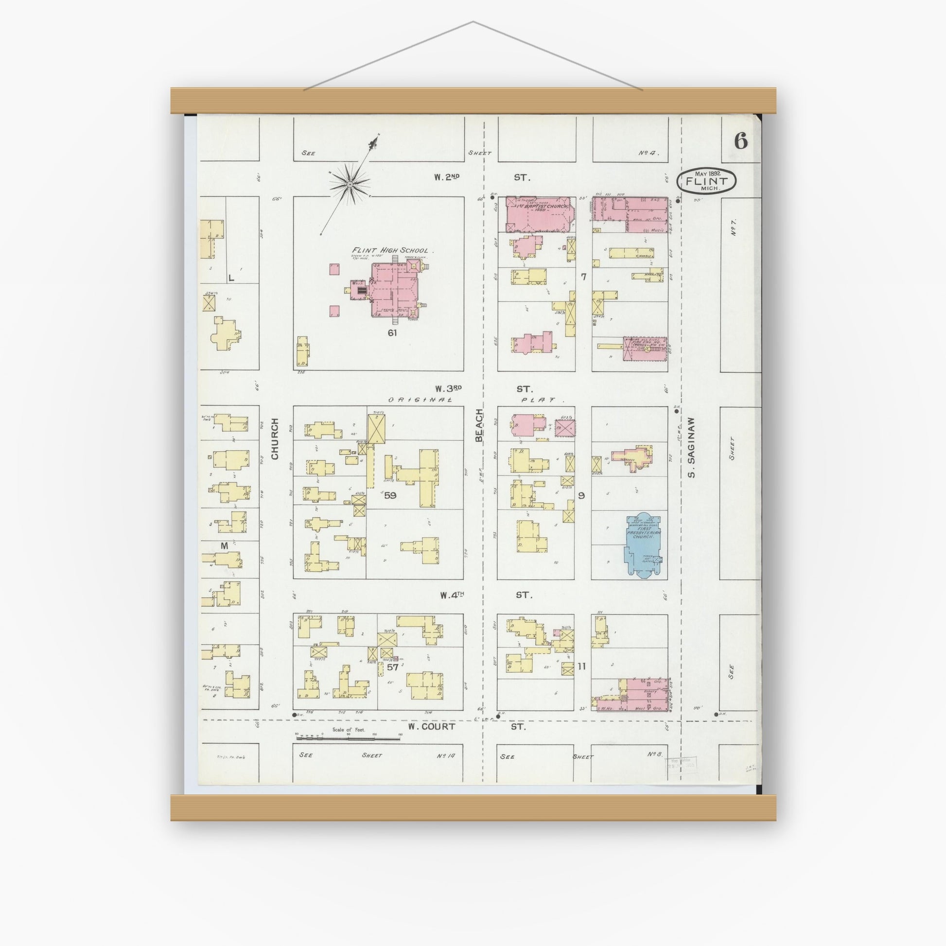 Old map wall art mockup — magnetic wood frame on white wall — Sanborn Fire Insurance Map from Flint, Genesee County, Michigan (1892), Sheet #0006