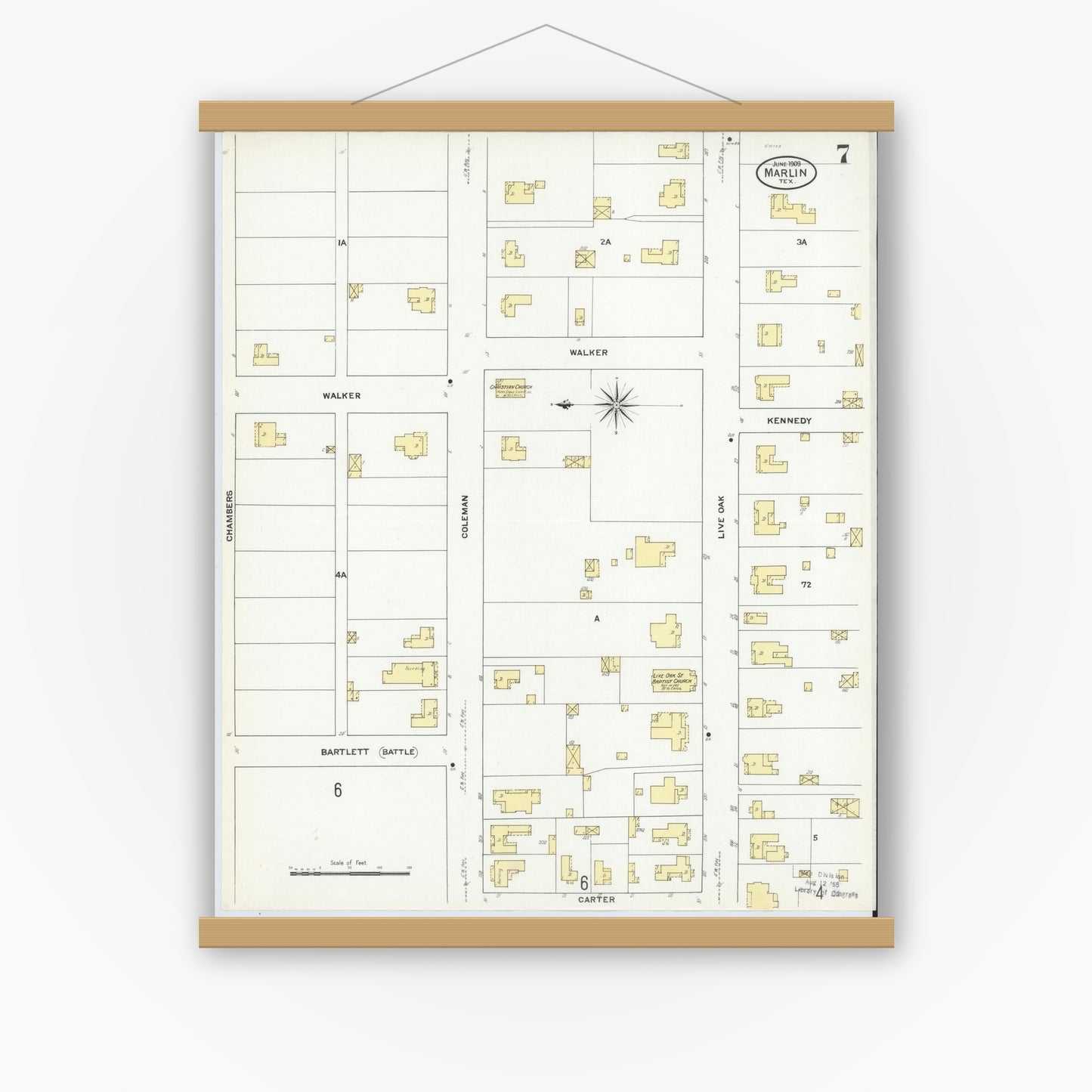 Old map wall art mockup — magnetic wood frame on white wall — Sanborn Fire Insurance Map from Marlin, Falls County, Texas (1909), Sheet #0007