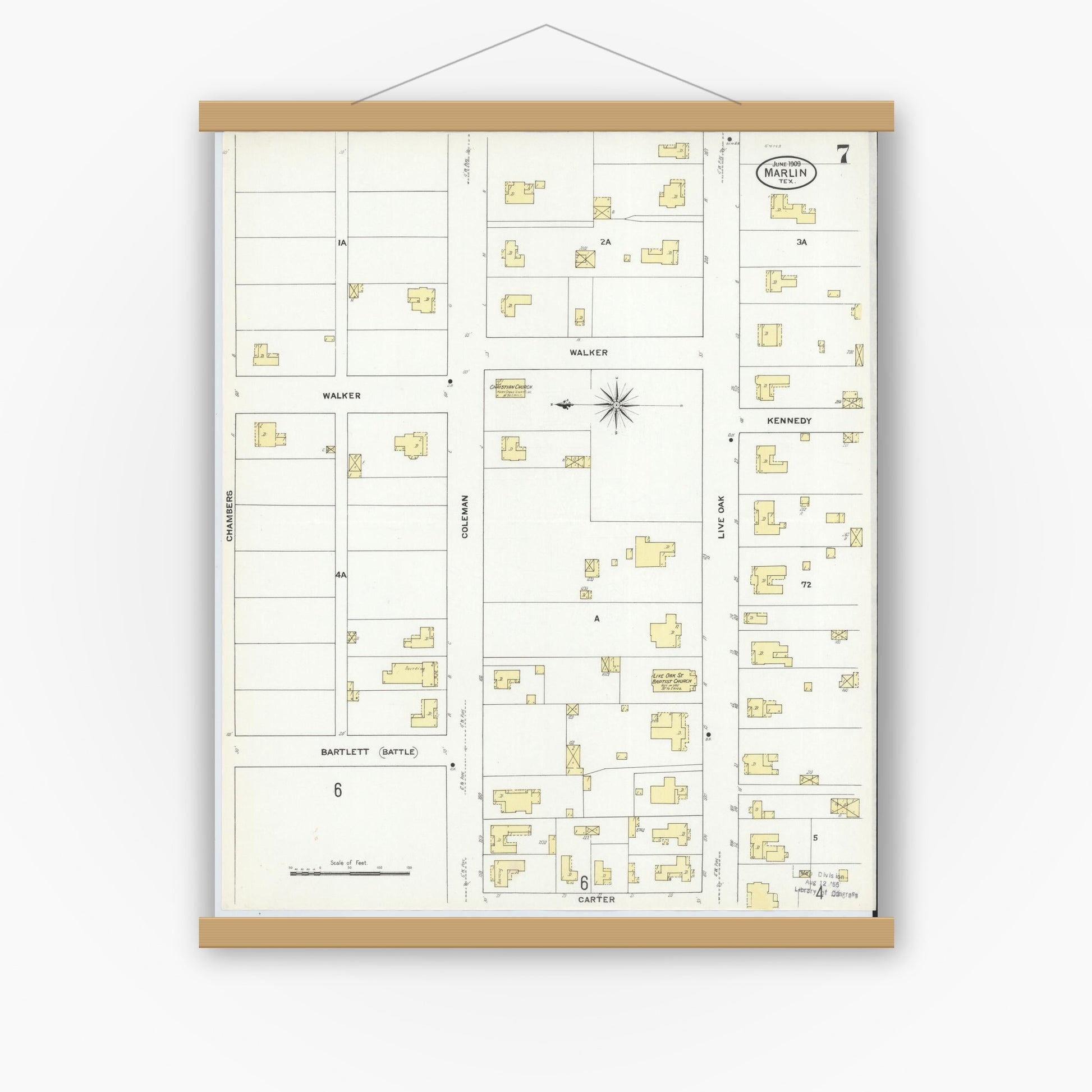 Old map wall art mockup — magnetic wood frame on white wall — Sanborn Fire Insurance Map from Marlin, Falls County, Texas (1909), Sheet #0007