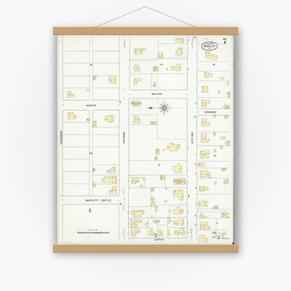 Old map wall art mockup — magnetic wood frame on white wall — Sanborn Fire Insurance Map from Marlin, Falls County, Texas (1909), Sheet #0007