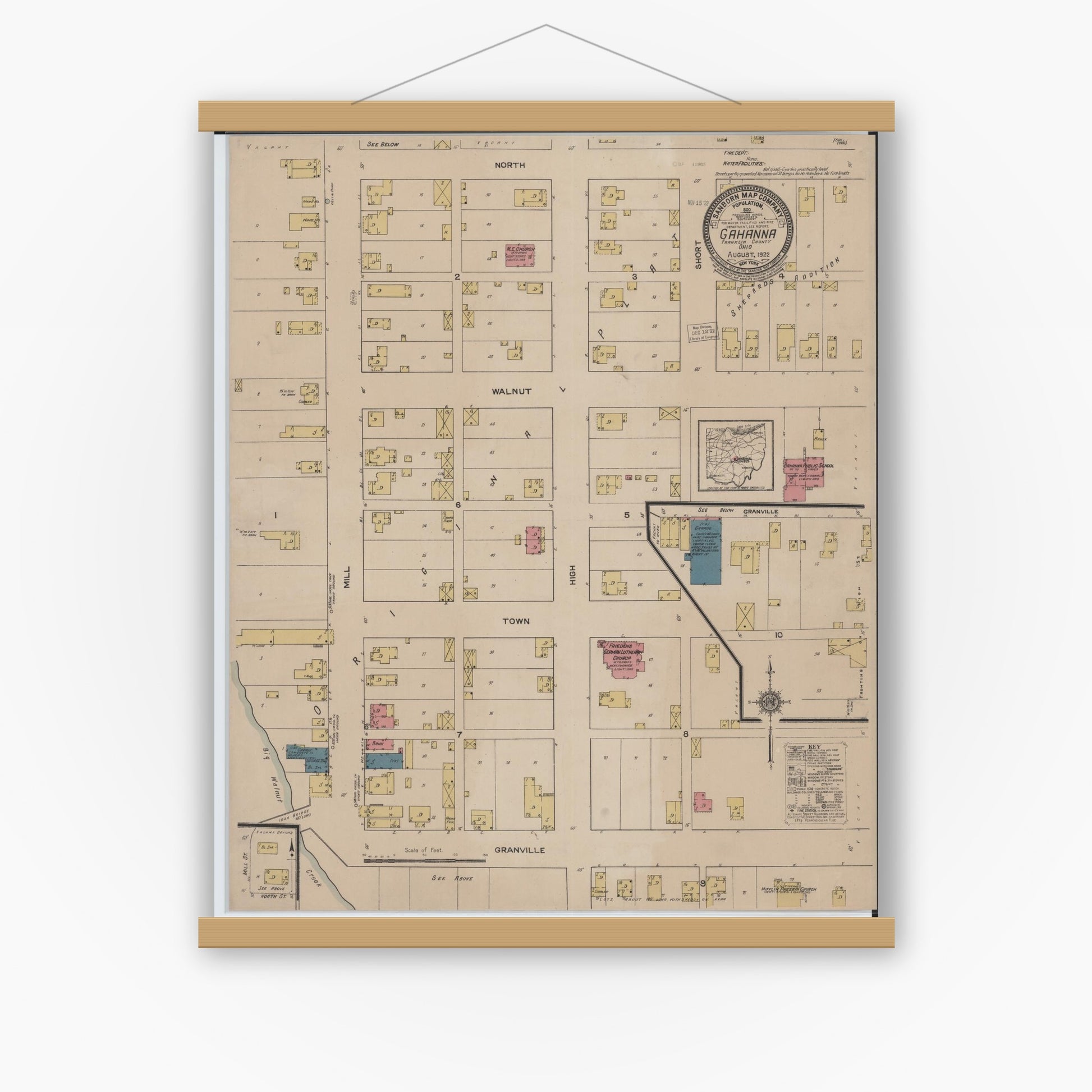 Old map wall art mockup — magnetic wood frame on white wall — Sanborn Fire Insurance Map from Gahanna, Franklin County, Ohio (1922), Sheet #0001