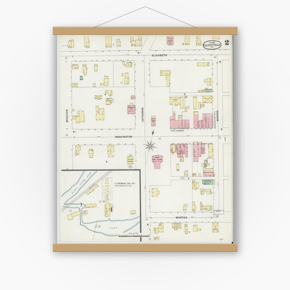 Old map wall art mockup — magnetic wood frame on white wall — Sanborn Fire Insurance Map from Ellicottville, Cattaraugus County, New York (1897), Sheet #0002