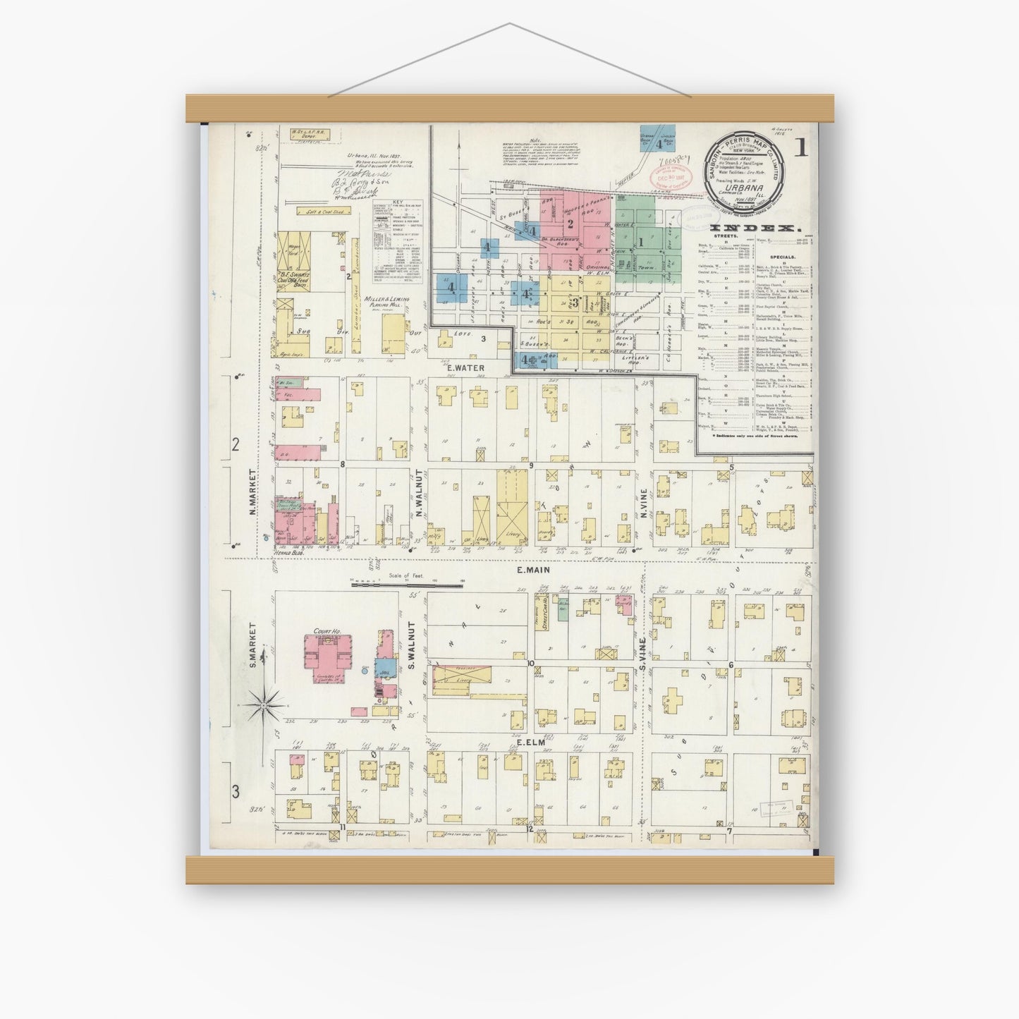 Old map wall art mockup — magnetic wood frame on white wall — Sanborn Fire Insurance Map from Urbana, Champaign County, Illinois (1897) - Complete Map Set