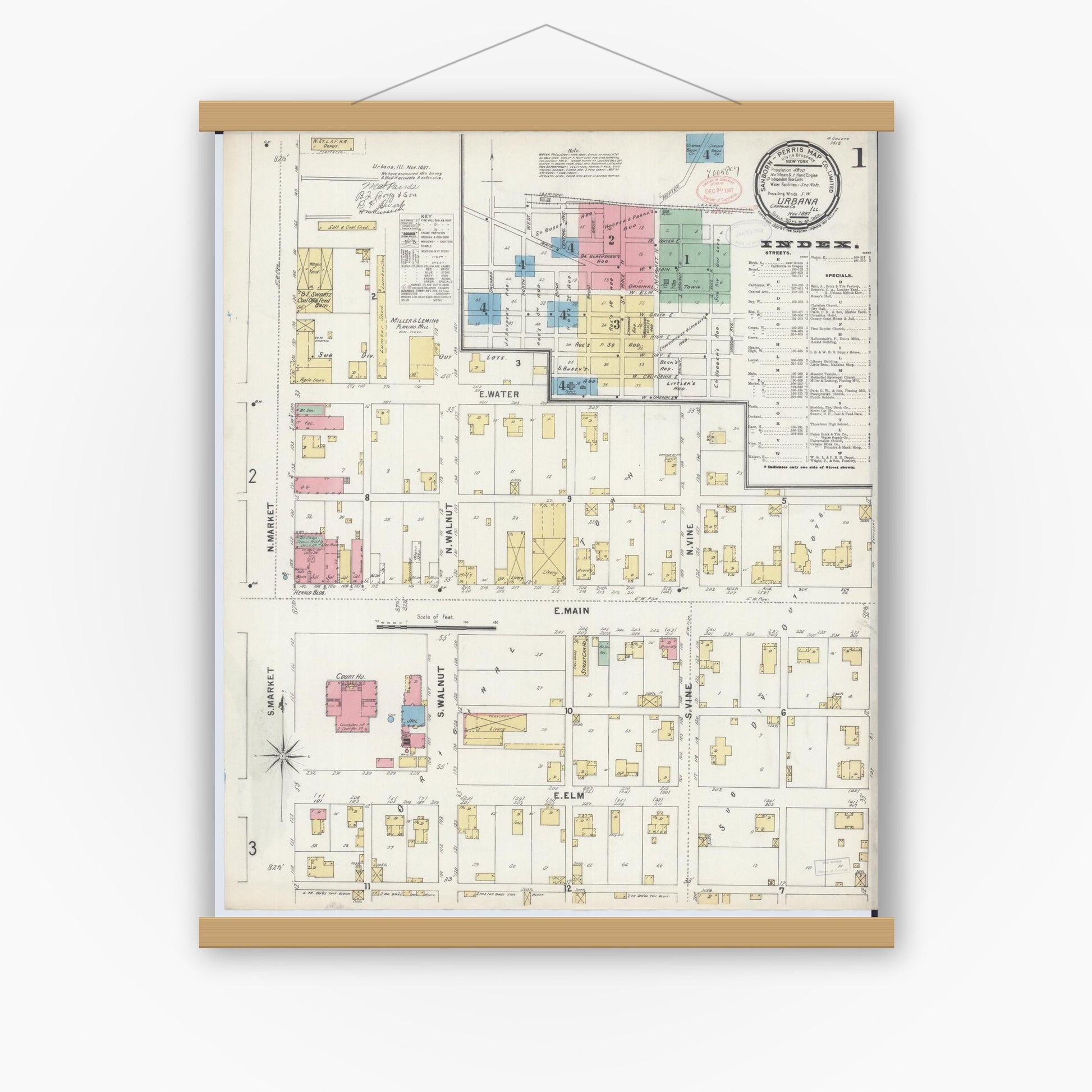 Old map wall art mockup — magnetic wood frame on white wall — Sanborn Fire Insurance Map from Urbana, Champaign County, Illinois (1897) - Complete Map Set